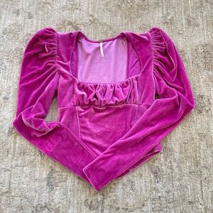 Free People Velvet Puff Sleeve Blouse Corset- Fuchsia